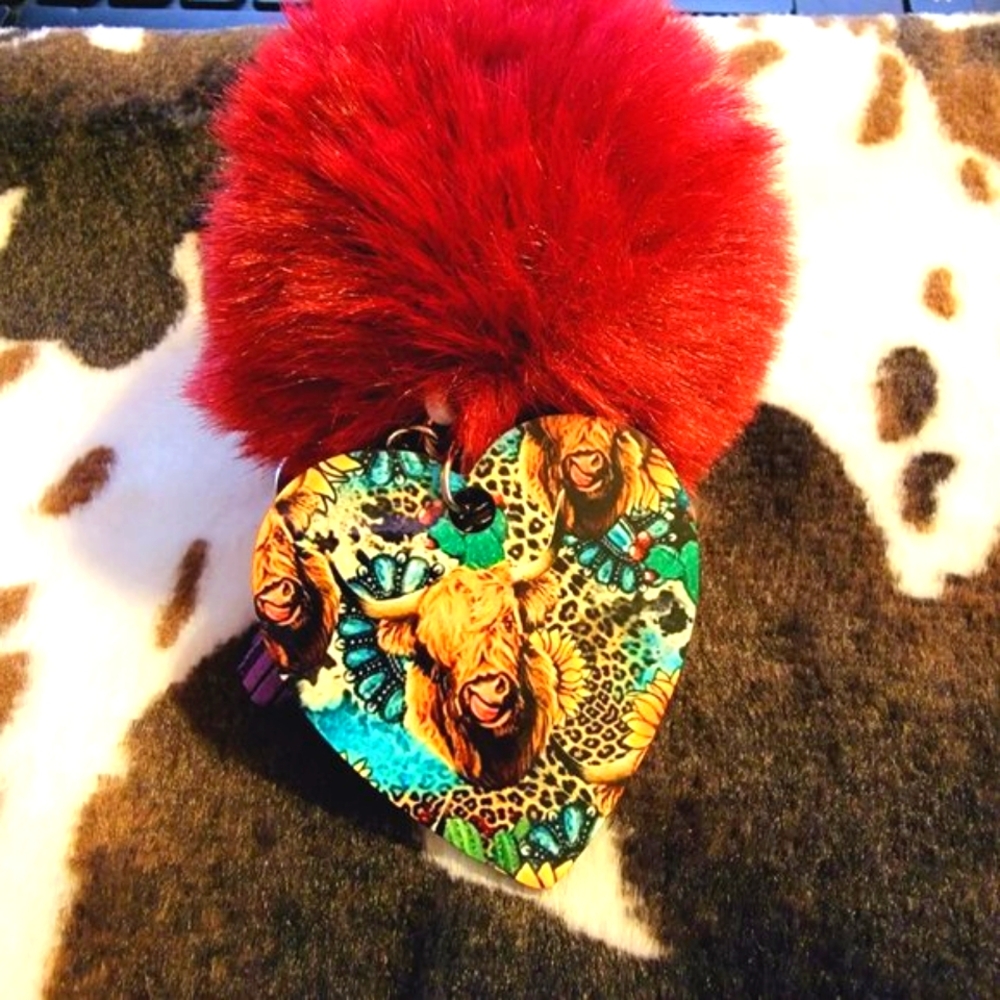 Highland Cow Heart Pom Pom Tassel Keychain